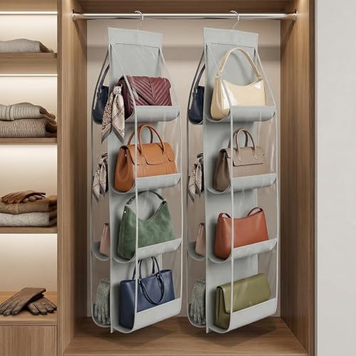 4-Pack Hanging Purse Organizer for Closet, Purse Storage Holder with 8 Clear PVC Pockets, Space Saving Handbag Hanger for Wardrobe Door Wall, Foldable Non-Woven Fabric, Gray