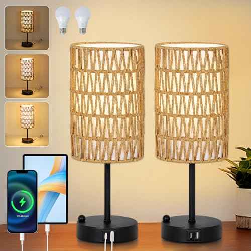 Touch Table Lamp Set of 2 For Bedroom with Bulb, Boho Small Desk Lamp For Living Room With Rattan & Linen Shade, 3 Way Dimmable Bedside Table Lamp For Nightstand With USB Charging Port & Phone Stand