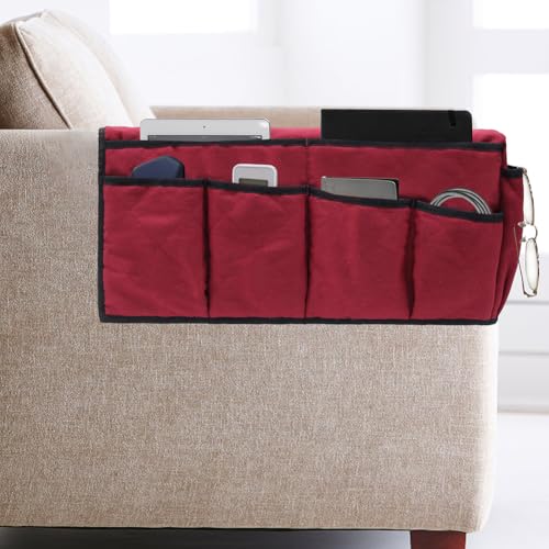 Armchair Caddy,Non Slip Sofa Armrest Organizer, Couch Armrest Remote Control Holder,Waterproof Recliner Arm Caddy with 14 Pockets for Cell Phone TV Remote Control - color: Red