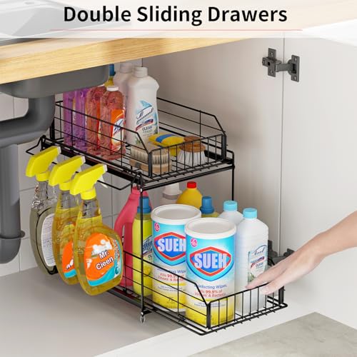 SUEH DESIGN Under Sink Organizers and Storage, 2 Tier Metal Under Sink Storage with Hanging Rail for Kitchen Bathroom Cabinet Organizer, 2 Pack - size: 10.3"W x 15.6"H Wider 2 Pack