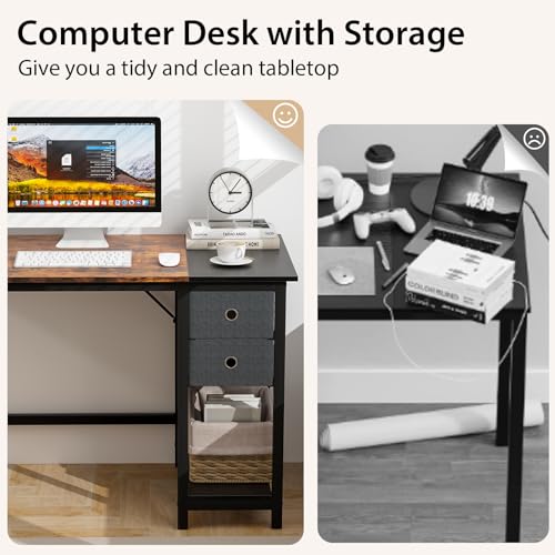 Tangkula 48-Inch Computer Desk with 2 Drawers, Modern Home Office Desk with Hanging Hook & Storage Shelf, Multipurpose Writing Desk for Study Bedroom (Rustic Brown, 48")