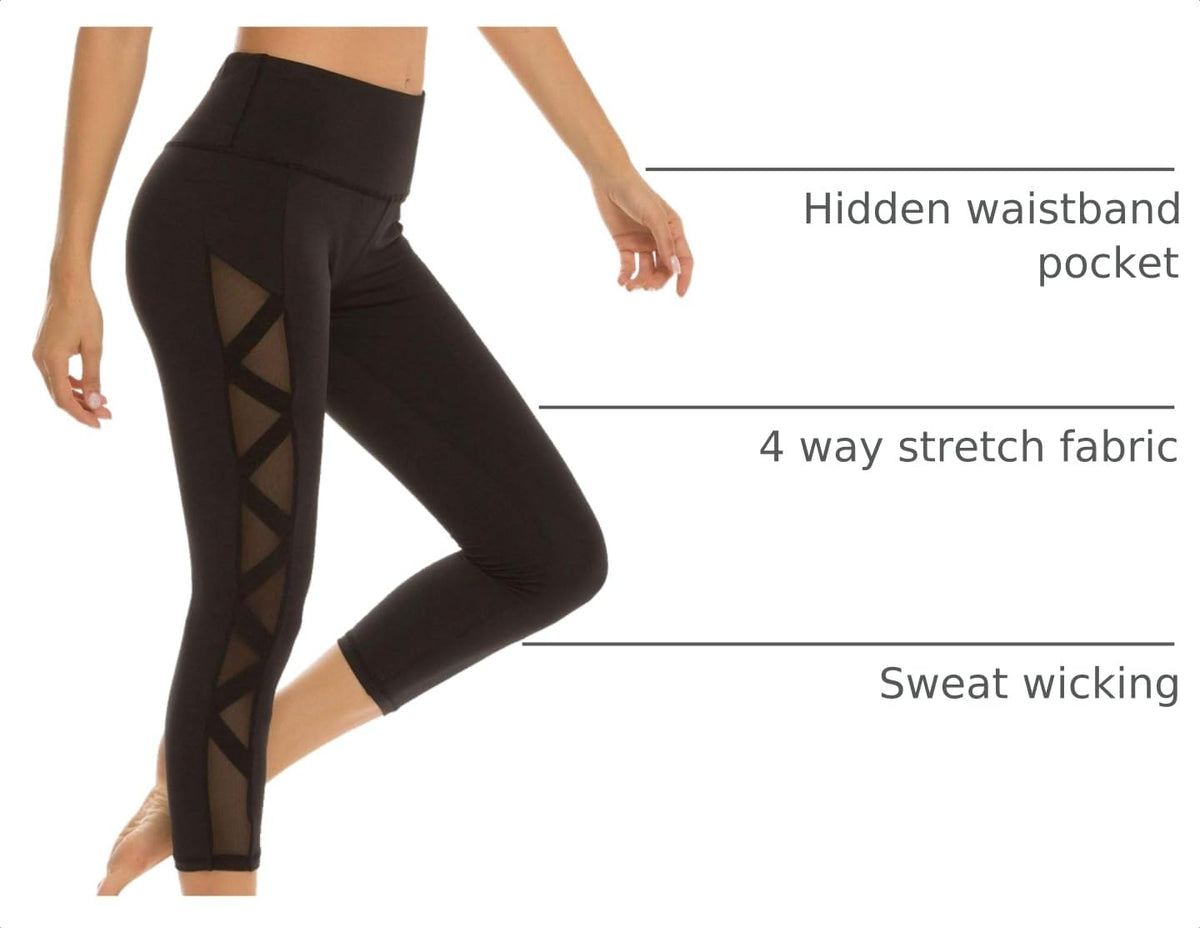 romansong High Waisted Workout Compression Capri Leggings for Women Petite Skinny Mesh Gym Legings with Pockets(Black,Small)