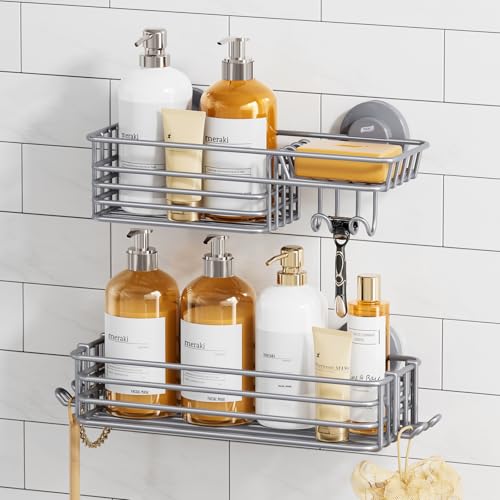TAILI Shower Caddy Suction Cup 2 Pack with Hooks & Soap Holder, Heavy Duty Shower Organizer for Bathroom, No Drilling Bathroom Organizer with Large Capacity, Metal Storage Holder-Grey - style: 2 × Grey