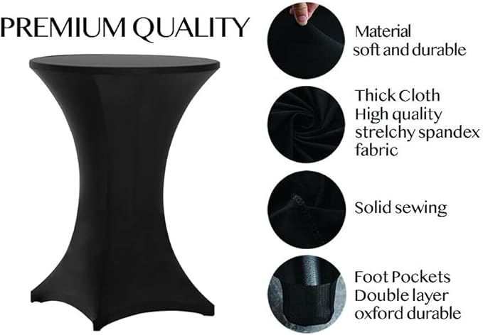Tina 8 Pack 30x42 Inch Highboy Spandex Cocktail Table Covers Black, Fitted Stretch Cocktail Tablecloth for Round Tables (8PC 30X42 Black)