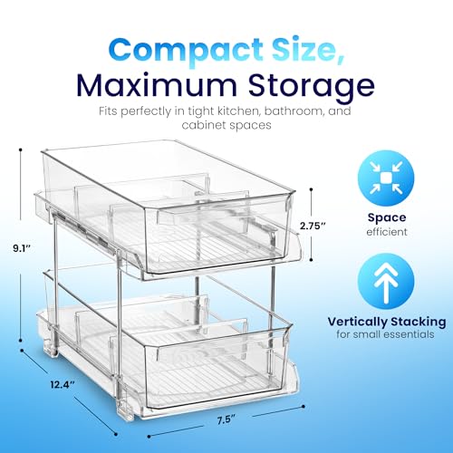 Masirs 2-Tier Clear Pull-Out Drawer Organizer - Sleek, Compact & Sturdy Makeup and Closet Organizer - Easy Assembly Kitchen Storage Solution, Ideal for Makeup, Tools, Medicines 4-Pack