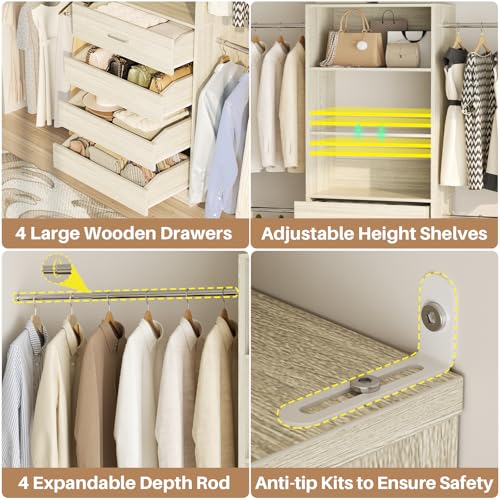 Aheaplus Closet System, 4-9Ft Closet Organizer with 4 Wooden Drawers, Wood Closet Organizer System with Tower, Walk-in Closet Organizer Wardrobe Garment Clothes Rack with 4 Hanging Rods, 2White Oak - color: White Oak