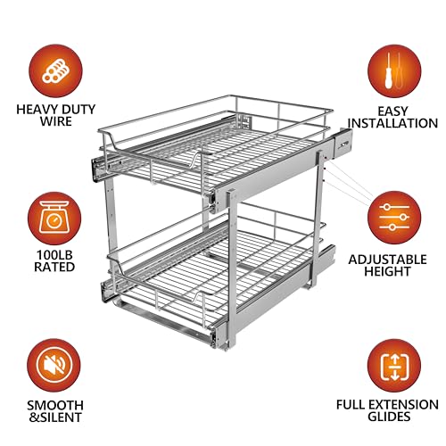 JOWBOOW 2-Tier Pull Out Cabinet Organizer (17" W x 22" D), Pull Out Shelves and Drawer for Kitchen Pantry Storage Basket, Heavy-Duty Metal Sliding Shelf, Chrome Finish - size: 17 x 22 Inch