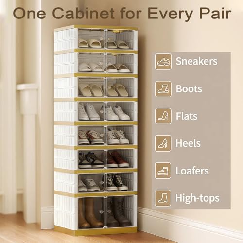 SYNCVIBE Shoe Rack Organizer for Closet Entryway Foldable Sneaker Storage Shoe, Collapsible Shoe Cabinet, Stackable Shoe Storage Cabinet with Lids for Living Room (9 Tiers -18 Pairs White Gold) - size: 9 Tiers -18 Pairs White Gold