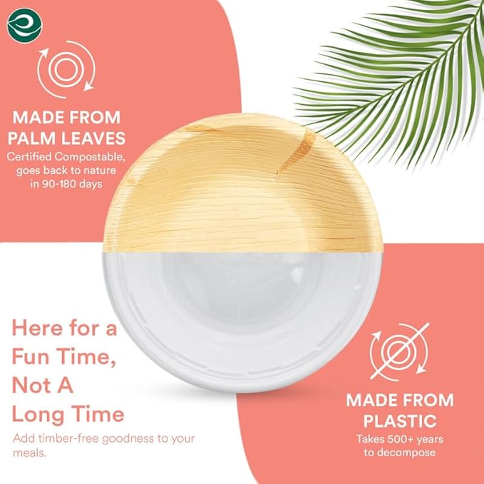 ECO SOUL 100% Compostable, Biodegradable, Disposable Palm Leaf Bowls,| 5 inch, (8oz), Round | Pack of 50| Like Bamboo Bowls, Eco-friendly | Sturdy, Microwave & Oven Safe