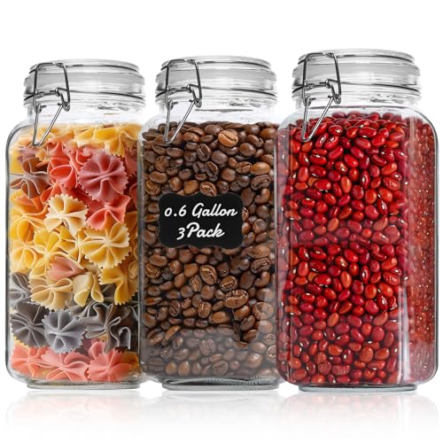 ComSaf 3-Pack 78oz Large Square Airtight Glass Jars for Bulk Food, Holds a 4lb Bag of Sugar or 5lb of Rice, Wide Mouth Canister for Flour, Coffee & Pantry Organization - size: 78oz*3
