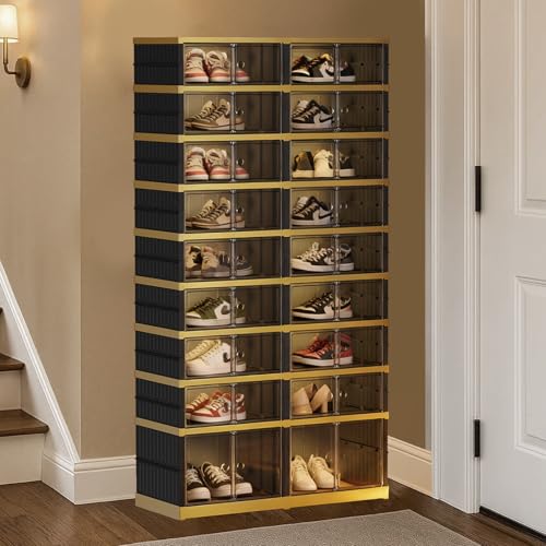 SYNCVIBE Shoe Rack Organizer for Closet Entryway Foldable Sneaker Storage Shoe, Collapsible Shoe Cabinet, Stackable Shoe Storage Cabinet with Lids for Living Room (9 Tiers -36 Pairs Black Gold) - size: 9 Tiers -36 Pairs Black Gold