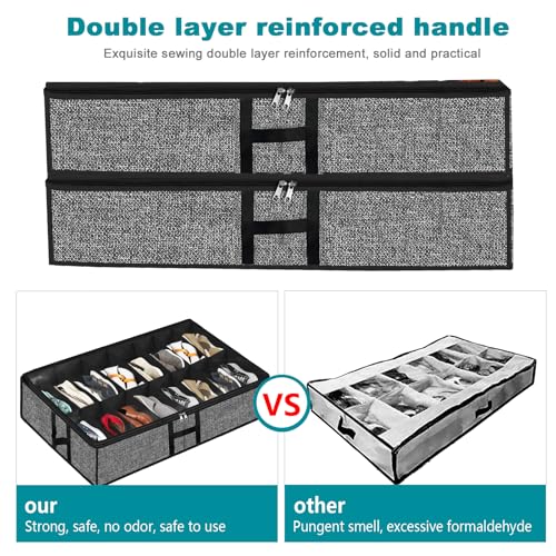 Under Bed Shoe Storage Organizer for Closet 2 Pack Fits 32 Pairs Underbed Shoes Container Boxes with Sturdy H-Handles, Foldable Shoe Rack Holder,Black - color: Black-32pairs, style: H-Handle