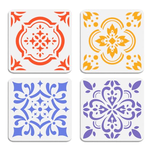 4Pcs Tile Stencils for Painting Floor DIY Crafts Reusable Plastic Stencils for Painting on Wood Wall Fabric Canvas Furniture