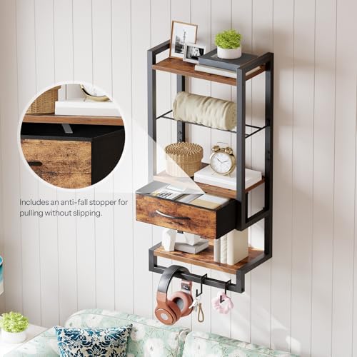 HOOBRO Wall Mounted Towel Rack with Shelf and Drawer, Bathroom Wall Storage Shelf with Towel Bar, Space Saving Over Toilet Organizer for Bathroom, Rustic Brown BF11LB01