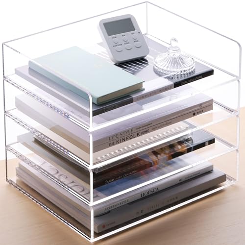 SANRUI Acrylic Stackable Letter Tray Clear Desk Paper Organizer 4-Tier Desk File Organizer Paper Sorter Holder Document Shelf Tray for Letter/A4,4-Pack - style: A4 Horizontal File Trays 4 Tier