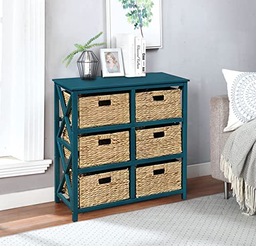 eHemco 3 Tier X-Side End Storage Cabinet with 6 Wicker Baskets, Teal - color: Teal, size: 15.5"D x 29.3"W x 30"H (6 Drawers)