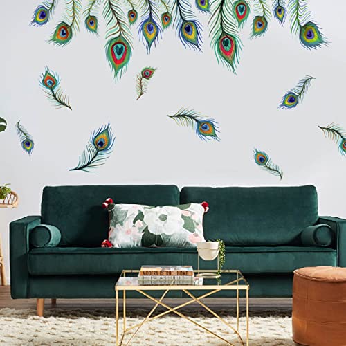 PLIGREAT 9 Pcs Peacock Eyes Feathers Wall Stickers, Removable Vinyl Peel and Stick Wall Decals for Living Room Bedroom Office Home Indoor DIY Wall Art Decor TV Background Wall Decoration