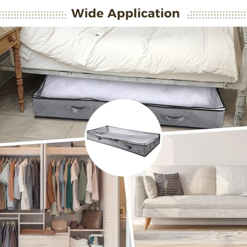 4 PCS Underbed Storage Bins, Foldable Clothes Organizers with Transparent Top, Dual Zipper Closure, Front & Side Handles, Store Clothes, Blankets, Toys, Linens under Couch or Crib