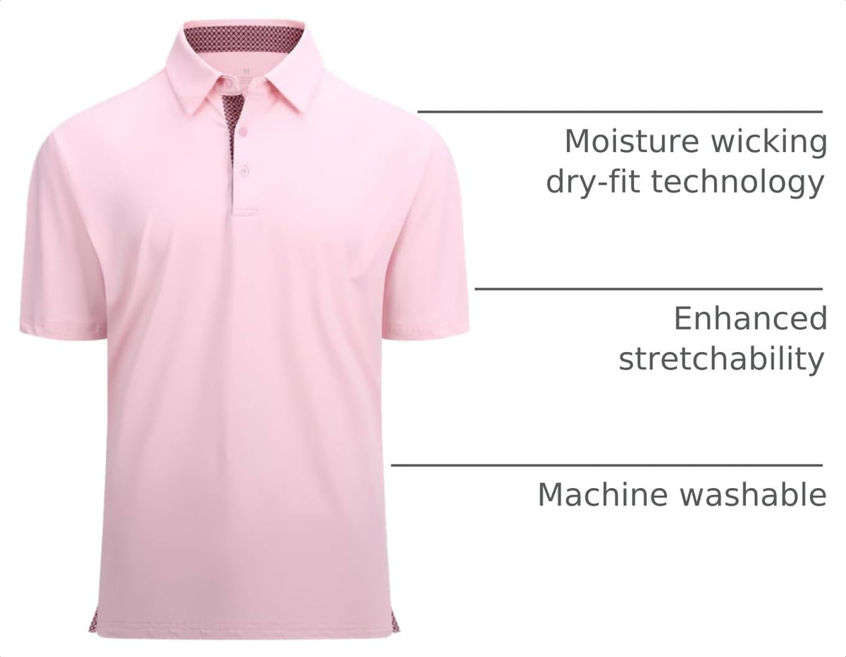 Mens Golf Shirt Quick-dry Solid Short Sleeve Polo Shirts,Lt Pink,L