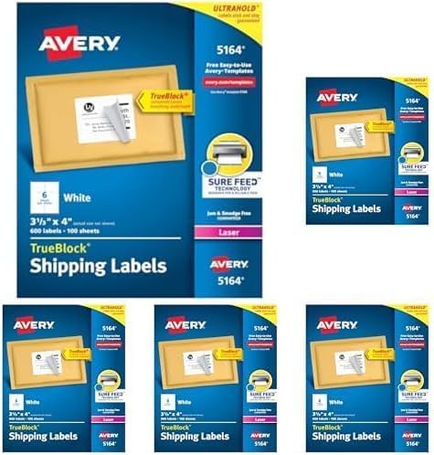 Avery Printable Shipping Labels with Sure Feed,3-1/3" x 4",White,600 Blank Mailing Labels for Laser Printers (5164),(Pack of 5)