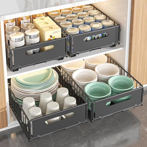 Pull Out Cabinet Organizer, Slide Out Cabinet Organizer Heavy-Duty Carbon Steel Expandable Drawer Adjustable Sliding Shelf Under Sink Rack Shelf for Kitchen Pantry Bathroom Closet - color: black small 2pcs