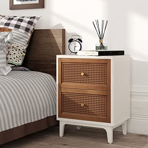COZAYH Set of 2 Fully-Assembled 2-Drawer Woven Cane Front Accent Nightstand with Brass Knobs, Distressed White - color: Distressed White, style: 2 Drawer/2 pack