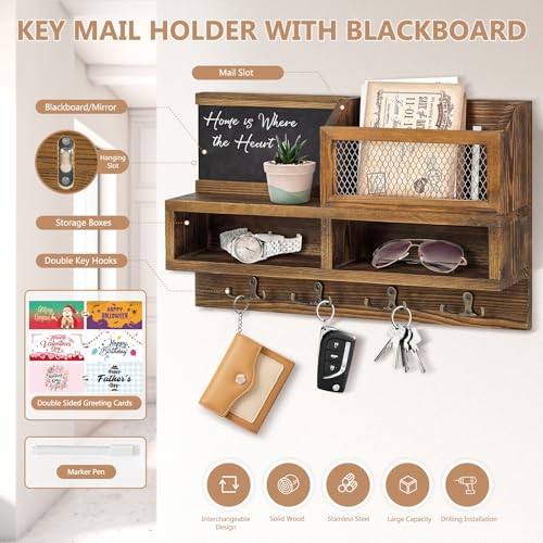 Key Holder Wall Mount, Wooden Mail and Key Organizer with Chalkboard and Mirror, 3 Greeting Cards, 8 Hooks, Brown - color: Brown