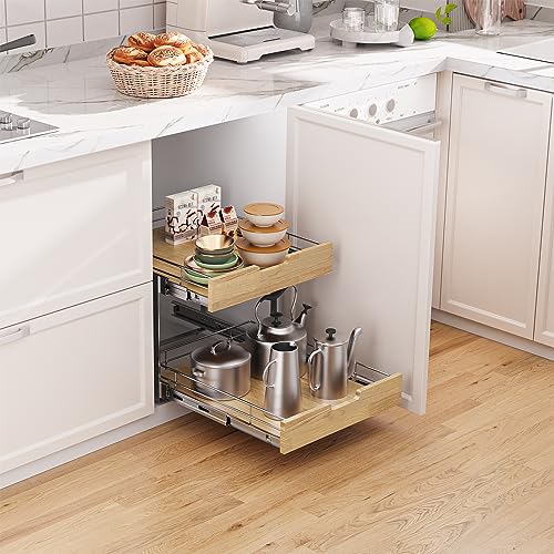 Sikarou Pull Out Cabinet Organizer,Heavy-Duty Slide Out Shelf, Wood and Wire Basket, Pull Out Drawer for for Kitchen Under Sink Space, Pantry, Bathroom, 2 Tie 23 * 21 in - size: 2-TIE 23*21 WM