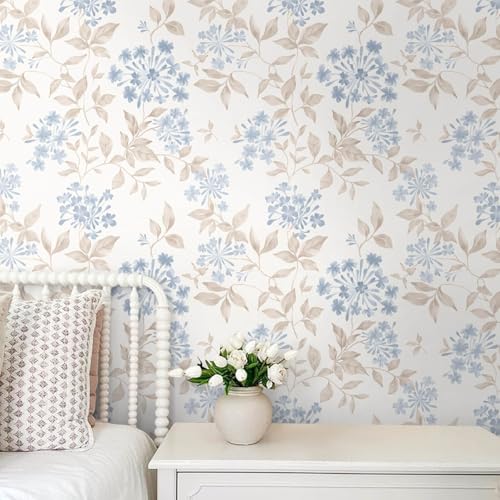 Heroad Boho Floral Wallpaper Blue/Beige Peel and Stick Wallpaper Neutral Leaf Contact Paper Removable Self Adhesive Wall Paper for Cabinet Bedroom Bathroom Waterproof Decor Vinyl Roll 17.3''x78.7''