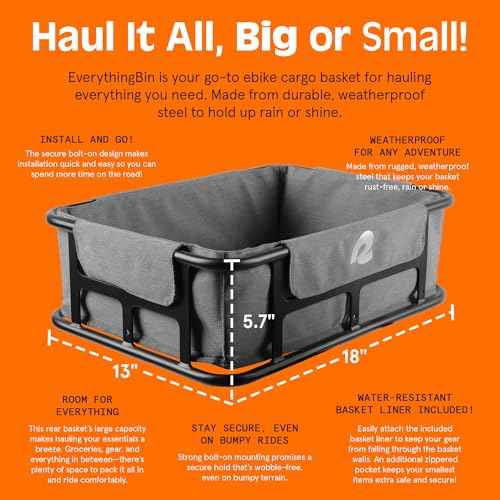 Retrospec EverythingBin Heavy-Duty Steel eBike Rear Basket with Water-Resistant Liner - Large Capacity Cargo Carrier for Electric Bikes (13x18x5.7)