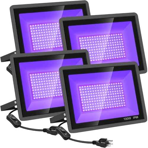 4 Pack 100W LED Black Lights, Blacklight Flood Light with Plug and Switch, 120VAC IP66 Waterproof Blacklight for Halloween Party, Glow in The Dark, Stage Light, Body Paint, Neon Glow