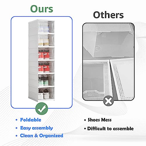 Shoe Storage Organizer Box 6-Tier Foldable Collapsible Stackable Shoe Rack Bins, Fit Size 12, No Assembly, for Men and Women