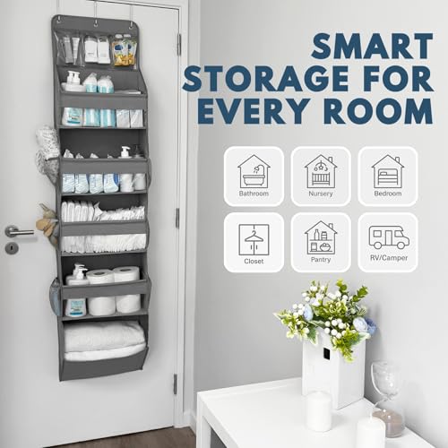 Over The Door Organizer Hanging with 5 Large & 6 Side Pockets 5 Tier Behind Door Storage 50 lbs for Closet, Nursery, Bathroom Door Organizer, 1 Pack, Grey