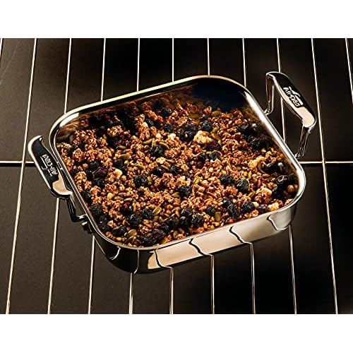 All-Clad Specialty Stainless Steel and Plastic Lid Square Covered Baking Pan 8x8 Inch Oven Broiler Safe 600F Pots and Pans Silver