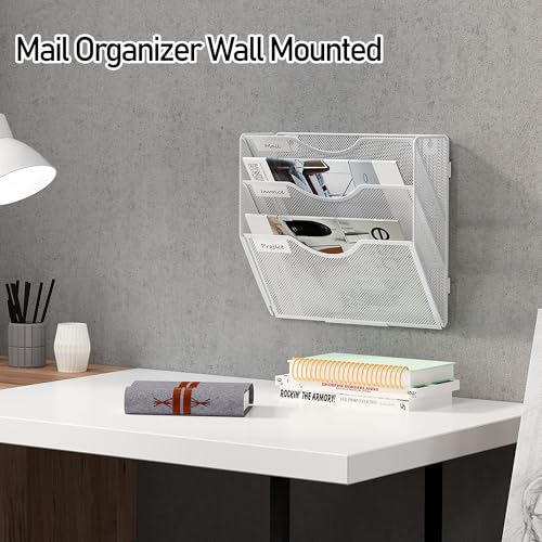 File Folder Organizer, 3-Tier Mesh Hanging Wall File Holder, Magazine Rack, Wall File Organizer With Pockets, Metal Document Organizer, Mail Organizer Wall Mounted for Office Home, White