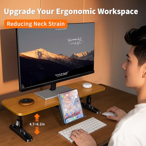 Wooden Monitor Stand Riser for Desk,Adjustable Height Monitor Shelf Riser with Phone Holder,Desk Storage Organizer Accessories,Wood Computer Screen Stands for Office,Home,Laptop,Printer,TV