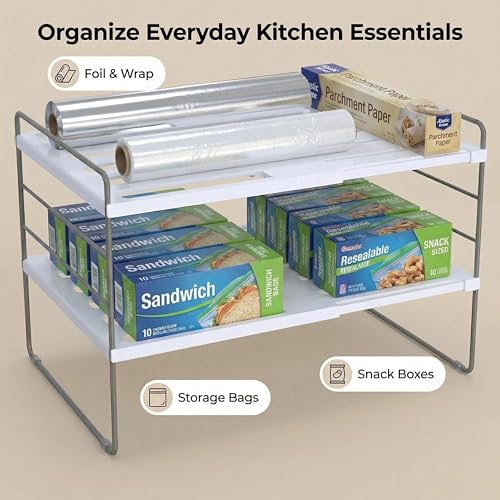 YAN & HIN 2 Pack Expandable Cabinet Organizer Shelf, 3-Tier Kitchen Cabinet Organizer for Tupperware & Food Container Storage, Adjustable Pantry Shelf Organizer for Bottles, Lids & Countertop - size: Set of 2