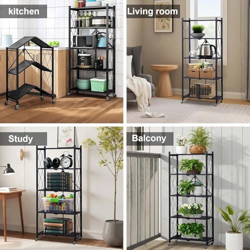 IDEALHOUSE 5 Tier Folding Shelves with Wheels, Heavy-Duty Storage Rack, No Tools Assembly, 63" H for Kitchen Pantry Garage Office, Black