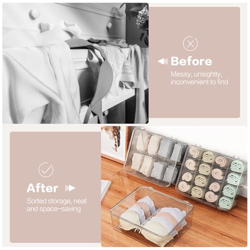 DILIBRA Socks Underwear Drawer Organizer for Closet, 16 Compartment Removable Divided Plastic Clear Sock Storage Box with Lid, Underwear Storage Tie Organizer Box for Bra Socks Ties Scarf Tea Bag