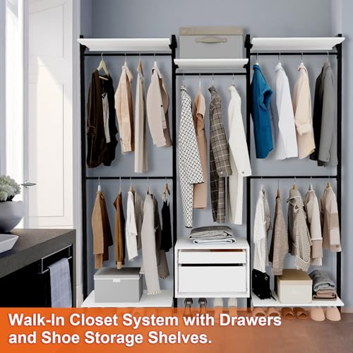 Wall-Mounted Steel & Wood Closet Organizer System with 4 Adjustable Shelves, 5 Hanging Rods, and 2 Drawers – Modern Open Wardrobe, White - color: BC03-white