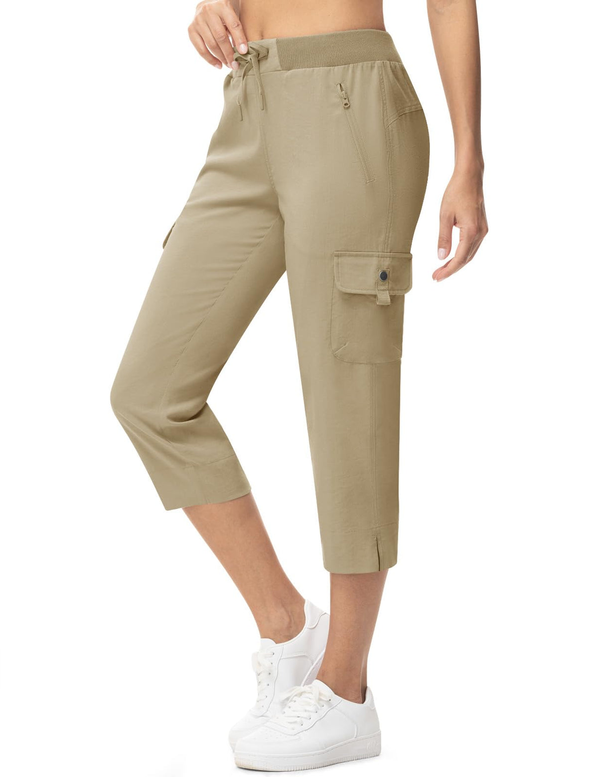 TBMPOY Women's Capri Pants Lightweight Quick Dry Hiking Cargo Pockets Casual Water Resistant Travel Cropped Cotton Light Khaki S