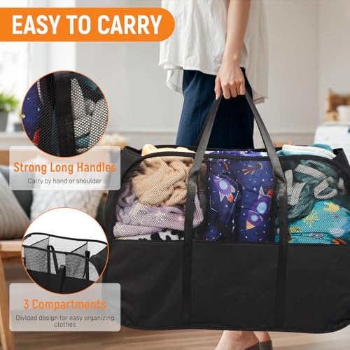Collapsible Laundry Baskets with 3 Compartment, 150L Tear-proof Pop Up Hamper, Foldable Laundry Basket with Tote Handles, Dirty Clothes Hamper for Laundry, Bedroom, Bathroom, Dorm Black - style: 3 Compartments- Black