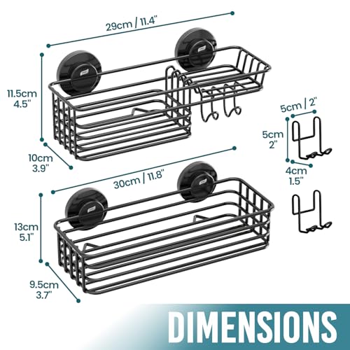 TAILI Shower Caddy Suction Cup 2 Pack with Hooks & Soap holder, Heavy Duty Shower Organizer for Bathroom, No Drilling Bathroom Organizer with Large Capacity, Black Metal Storage Basket - style: 2×Black