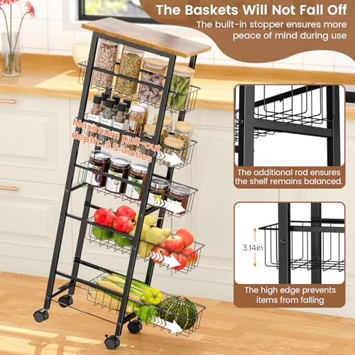 6 Tier Slim Storage Cart with Pull Out Basket, Wooden Top Rolling Kitchen Cart with Lockable Wheels, Metal Wire Fruit Vegetable Storage Basket Narrow Utility Organizer for Kitchen, Bathroom, Laundry