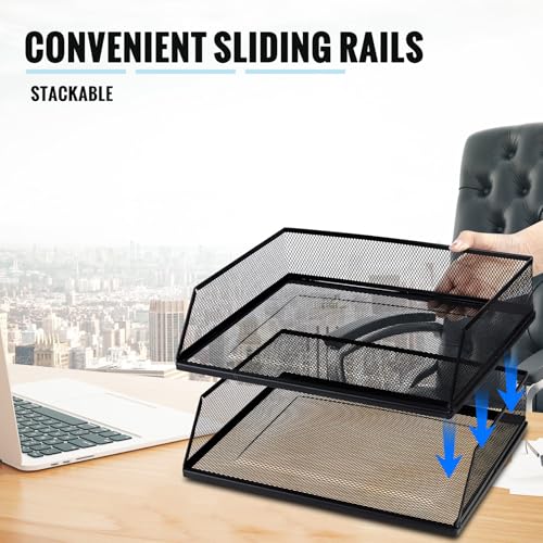 Hicarer 2 Pcs Black Metal Letter Tray Stackable Desk Tray Single Wire Mesh Organizer Front Load File Paper Holder for Desktop Office Home School Classroom (9.84 x 12.8 Inch) - size: 9.84 x 12.8 Inch