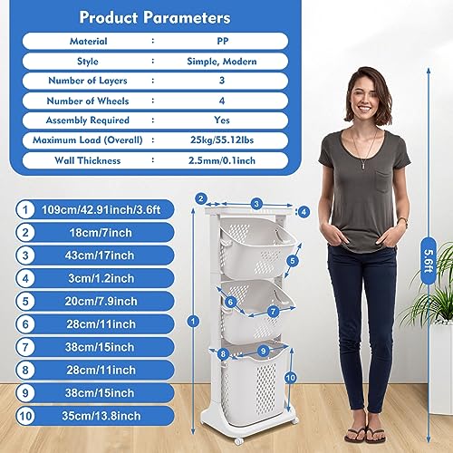 Laundry Basket, 3 Tiers Storage Basket Plastic Clothes Hamper Movable Clothes Hamper Bathroom Hampers With Wheels,Portable Freestanding Dirty For Laundry Room Organization