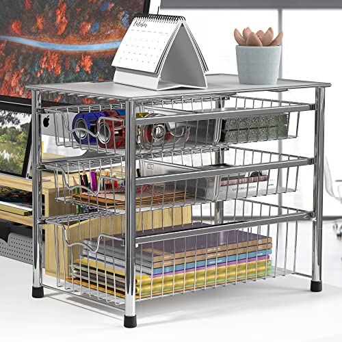 Simple Houseware Stackable 3 Tier Sliding Basket Organizer Drawer, Chrome - color: Chrome, size: 3-tier