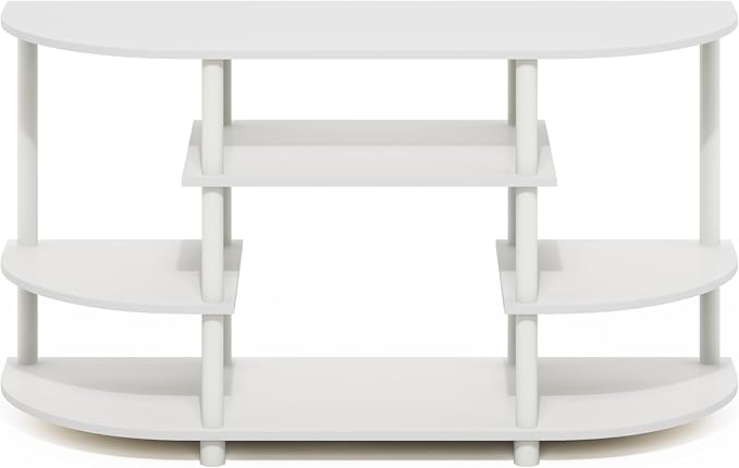 Furinno Jaya TV Stand, 4-Tier Open Shelf Design Corner Entertainment Center with Round Corner, TV Console for TV up to 46 Inch, Toolless Assembly, for Living Room, Bedroom, White