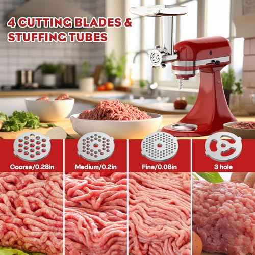 Meat Grinder & Slicer Shredder Attachments for KitchenAid Stand Mixer, Metal Meat Grinder with Sausage Stuffer Tubes, Cheese Grater, 2 Pcs Attachment Set for KitchenAid Mixers
