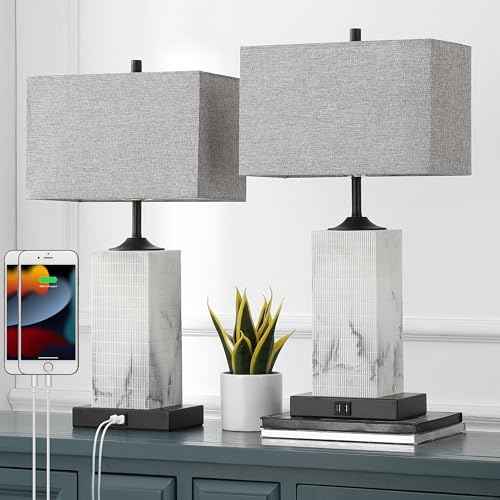 Table Lamps for Living Room Set of 2, Modern Bedside Lamps with Dual USB Ports for Bedroom Nightstand, Large End Table Lamps with Grey Fabric Shades Minimalist Decor Marble Finish